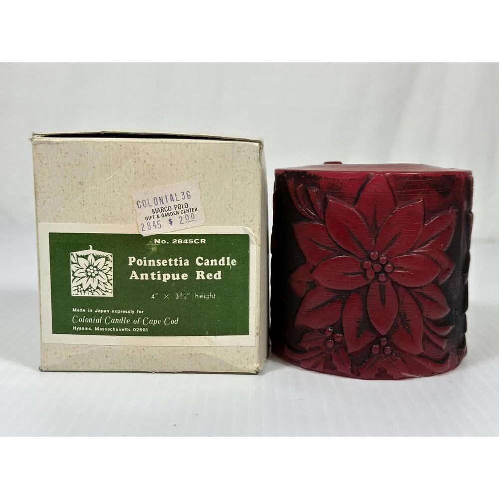 Vintage Poinsettia Pillar Candle Antique Red Floral Design Colonial Candle Box